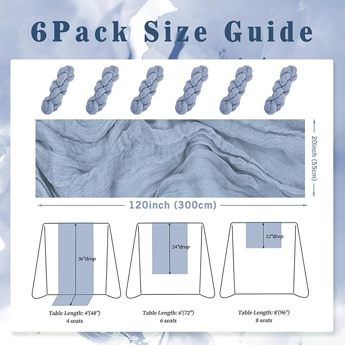 6 Pack Dusty Blue 10FT Cheesecloth Table Runner Rustic Gauze Fabric Cheese Cloth Table Runner for Wedding Bridal Baby Shower Table Decor 20 x 120 Inch Long Boho Sheer Birthday Party Table Decorations-Ruum Studio Home