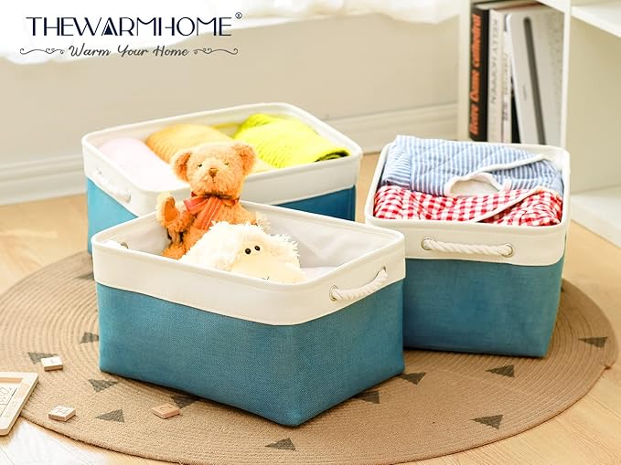 TheWarmHome Storage Bins - Large 3 Pack 15.7x11.8x8.3 in Fabric Storage Baskets for Organizing Shelves | Large Basket Closet Organizer for Home Decor Shelf Baby Toy Laundry (White & Green)-Ruum Studio Home