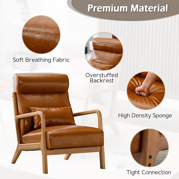 INZOY Mid Century Modern Accent Chair Set of 2, High Back Reading Armchair with Wood Frame, PU Leather Living Room Chairs with Waist Cushion, Single Lounge Arm Chair for Bedroom Sunroom, Camel-Ruum Studio Home