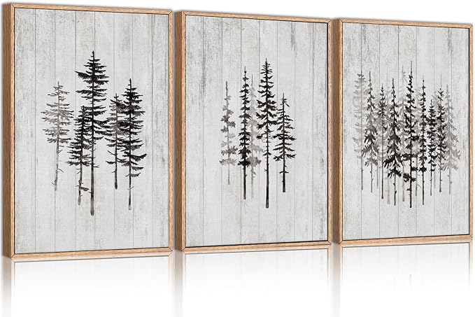 HPINUB Woodcut Style Pine Tree Framed Canvas Wall Art Set, Minimalist Modern Black and White Forest Wall Decor, Rustic Minimalist Canvas Painting for Living Room,Bedroom,Office Decor-16 x24 x3-Ruum Studio Home