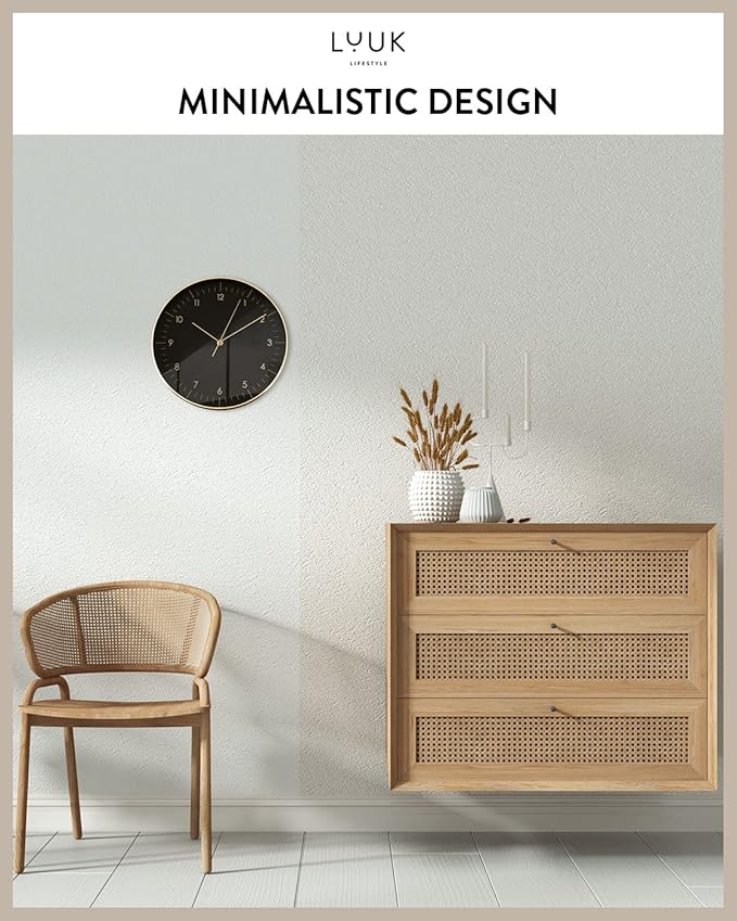 LUUK LIFESTYLE Modern Wall Clock with Silent Quartz Movement, Stylish & Functional, Decoration for Bedroom, 12 inch, in Black & Gold-Ruum Studio Home