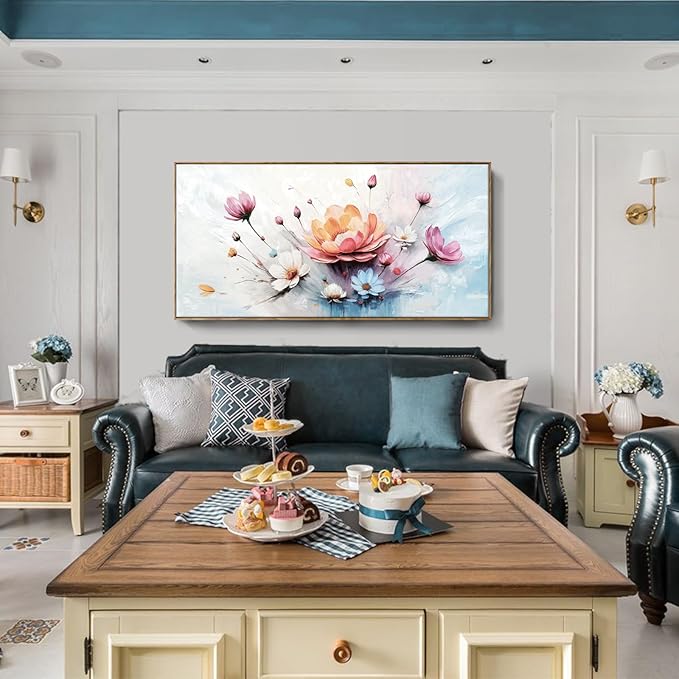 amatop Framed Floral Canvas Wall Art – Oversized Pink Blue Abstract Bloom Flower Print Daisy & Peony Picture Elegant Botanical Nature Large Artwork for Living Room Bedroom Dining Entryway Decor 58x29 inch-Ruum Studio Home