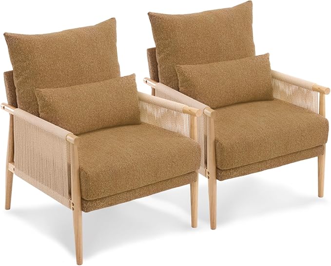 VINGLI Boho Braid Accent Armchairs Set of 2,Mid-Century Modern Chiars with Solid Wooden Armrest,Comfy Louge Cushion Chairs with Waist Pillow for Bedroom,Living Room,Reading Room, Khaki-Ruum Studio Home