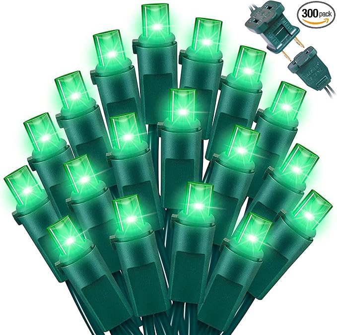 Green Wide Angle LED Christmas Lights, 64.8 Ft 300 Count, Pack of 3 Strands 21.9 Ft 100 Lights UL Certified Commercial Grade Green Wire 5mm Holiday String Light-Ruum Studio Home