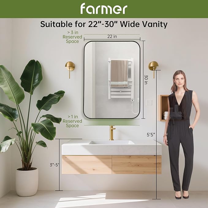 FARMER 22x30 Inch Black Bathroom Mirror, Rectangle Vanity Mirror, Brushed Mirrors for Wall, Metal Frame Hanging Mirror with Round Corner for Bedrooms, Entryways, Living Rooms, Horizontal/Vertical-Ruum Studio Home