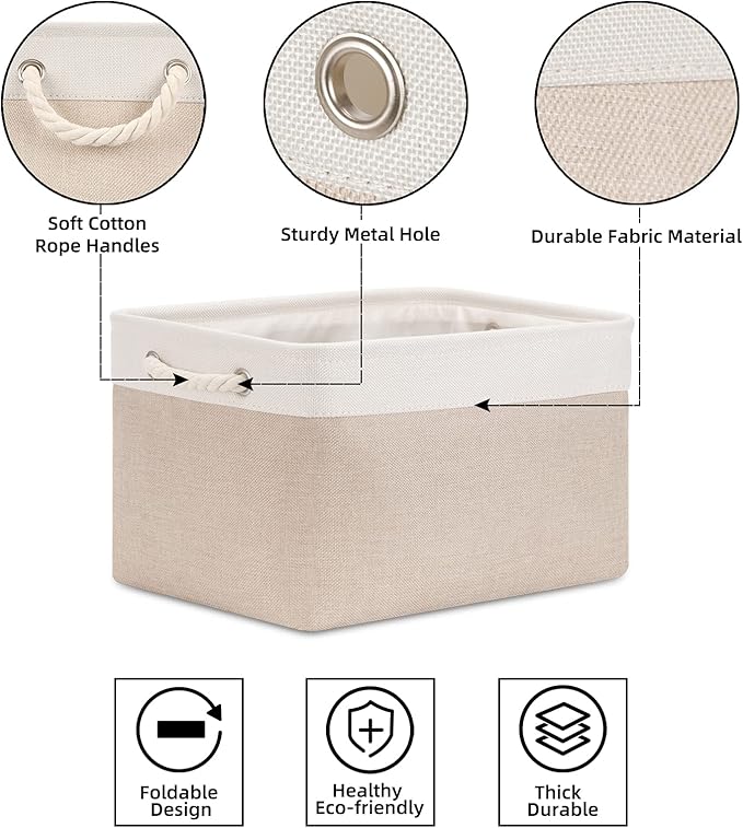 Bidtakay Large Fabric Baskets with Handles [3-Pack] Collapsible Storage Basket for Shelves 15 X 11 X 9.5 inches Canvas Bins for Closet Organization (White&Beige)-Ruum Studio Home