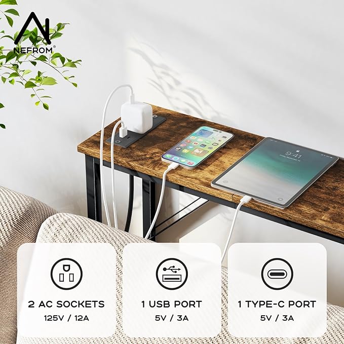 47.2'' Console Table, Skinny Entryway Table with Fast-Charging Station, Narrow Long Sofa Table, Behind Slim Couch Table for Entrance, Hallway, Living Room Decor ST-BR120-1-Ruum Studio Home