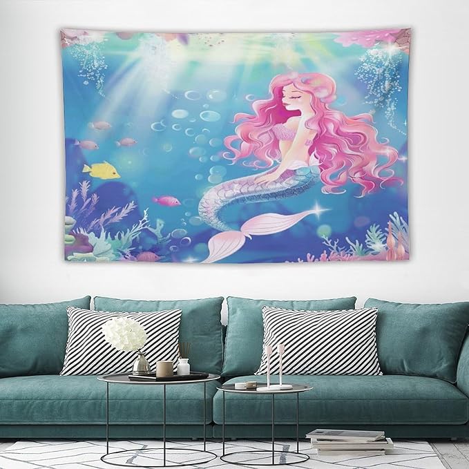 HZOHNAGO Mermaid Girls Tapestry Watercolor Mermaid Princess Pink Hair Pattern for Kids Room Decoration Printed Wall Tapestry Wall Hanging for Bedroom Living Room Dorm 90" W x 60" H-Ruum Studio Home