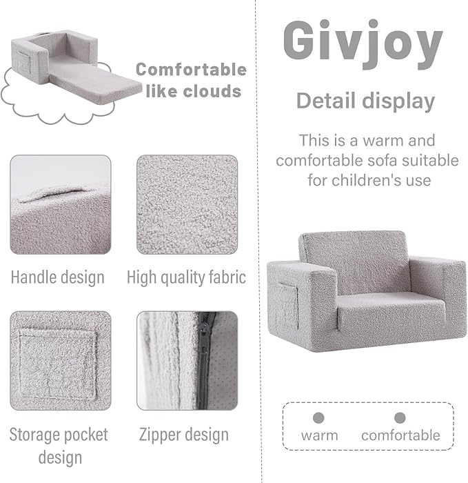 Toddler Chair Sherpa Kids Couch, 2-in-1 Toddler Soft Kids Sofa Toddler Lounger Chair for Bedroom, Convertible Toddler Couch for Girls and Boys, Reading Chair for Kids, Grey-Ruum Studio Home