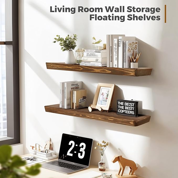 36"x6.8"x1.6" Slanted Floating Wall Shelves 2-Pack - Rustic Brown Finish, Heavy-Duty Solid Wood Design with Hidden Brackets - Perfect for Living Room, Kitchen, Bathroom, or Office-Ruum Studio Home