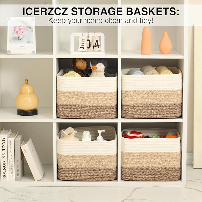 Storage Baskets for Organizing & Shelves, Woven Cotton Rope Organization Bins for Dog Toys, Clothes, Books, Nursery Organizer, 15"Lx11"Wx9.5"H, (4 Packs) Gradient Brown-Ruum Studio Home