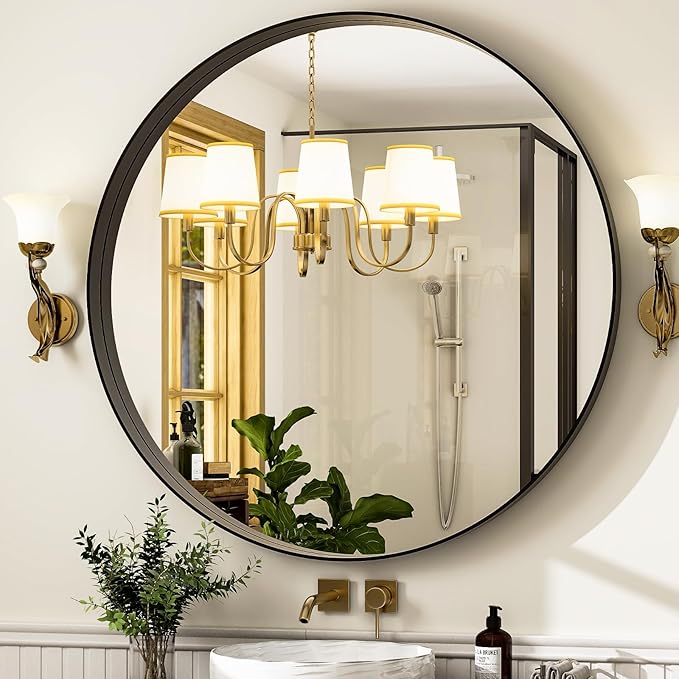 24 Inch Round Bathroom Mirror - Wall Mounted Circle Mirror with Metal Frame, Modern Mirror Suitable for Bathroom, Vanity, Entryway, Living Room, Wall Decor,Black-Ruum Studio Home