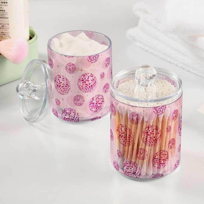 2 Pack Qtip Holder Organizer Dispenser Disco Balls Pink Bathroom Storage Canister Cotton Ball Holder Container for Cotton Pads/Swabs/Floss-Ruum Studio Home