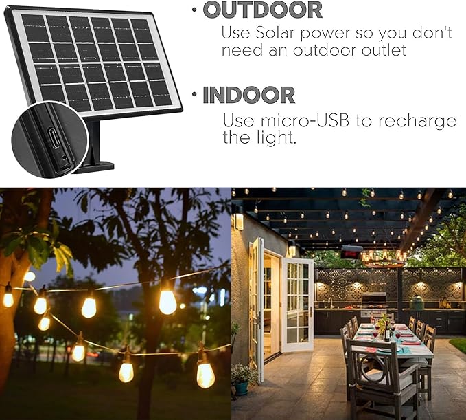 SUNTHIN Outdoor Solar String Lights, 48ft Solar Patio Lights with USB Rechargeable, Waterproof & Shatterproof Solar Powered Bulbs for Yard, Porch, Garden, Pool, Party, Camping-Ruum Studio Home