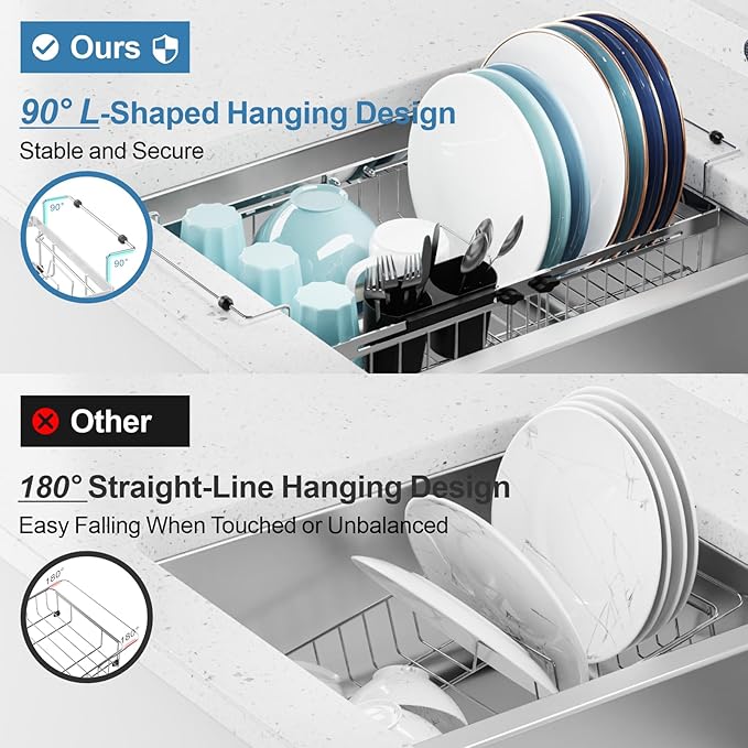 GSlife Expandable in Sink Dish Drying Rack - Capacity Adjustable Stainless Steel Over The Sink Dish Drainer with 2 Cup Holder and Utensil Holder for Kitchen Sink, 10.8"~17.9" L x 14.2" W, Silver-Ruum Studio Home
