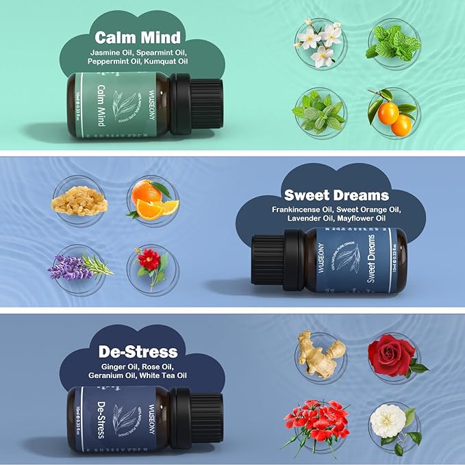 Well-Being Essential Blends Oils Set, Aromatherapy Oils Gift Set for Diffusers Home, Fragrance Oil Scent for Candle Soap Making - Happy, Calm Mind, De-Stress, Relax, Focus, Sweet Dreams-Ruum Studio Home