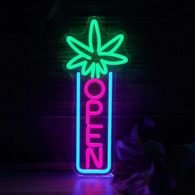 Green Leaf Neon Sign Dimmable Open Neon Lights for Wall Decor LED Neon Sign by USB Powered LED Neon Open Sign For Dispensary Beer Bar Man Cave Coffee Store Hotel Wall Party Decorations 16.8''x7''-Ruum Studio Home
