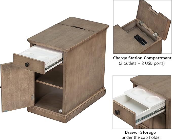 Traditional Wood End Table with Charging Station, Modern Vintage Sofa Chair Side Table Nightstand with Storage & Drawer for Living Room Bedroom, No Assembly, Antique Brown-Ruum Studio Home