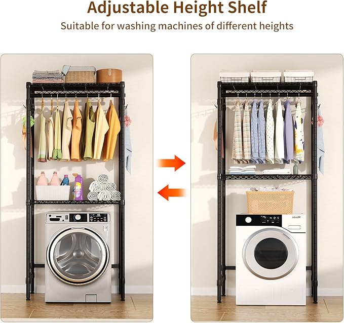 Over Washer and Dryer Shelves,2 Tier Adjustable Height Wire Shelving Laundry Room Storage Organization Clothes Drying Rack with Hanger Rod&Hooks,Space Saving Organizers Shelf,Black-Ruum Studio Home
