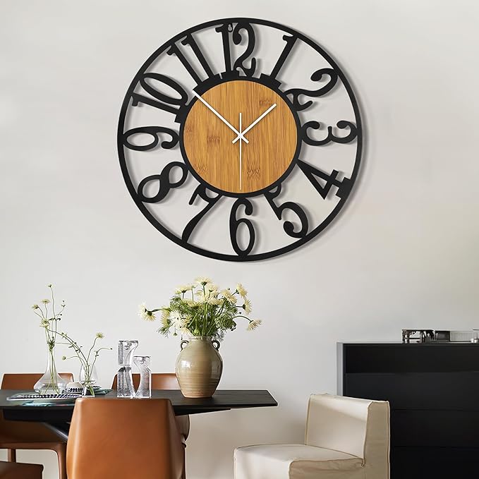 LEIKE 30" Oversized Large Wall Clocks,Silent,Non Ticking,Battery Operated Modern Round Big Wood Decorative Metal Wall Clock for Living Room, Bedroom,Kitchen,Farmhouse,Office Decor - Black,30 Inch-Ruum Studio Home