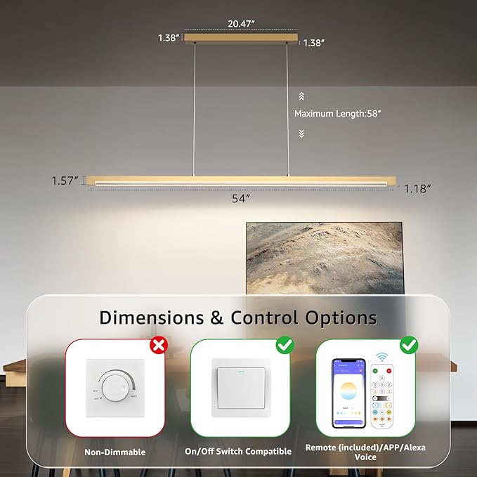 40W Gold Linear Pendant Light Aluminum, 54" Dimmable Kitchen Island Lighting with Remote & App Control, Adjustable CCT (3000K-6000K), Dining Room Chandelier for Home Office Study-Ruum Studio Home