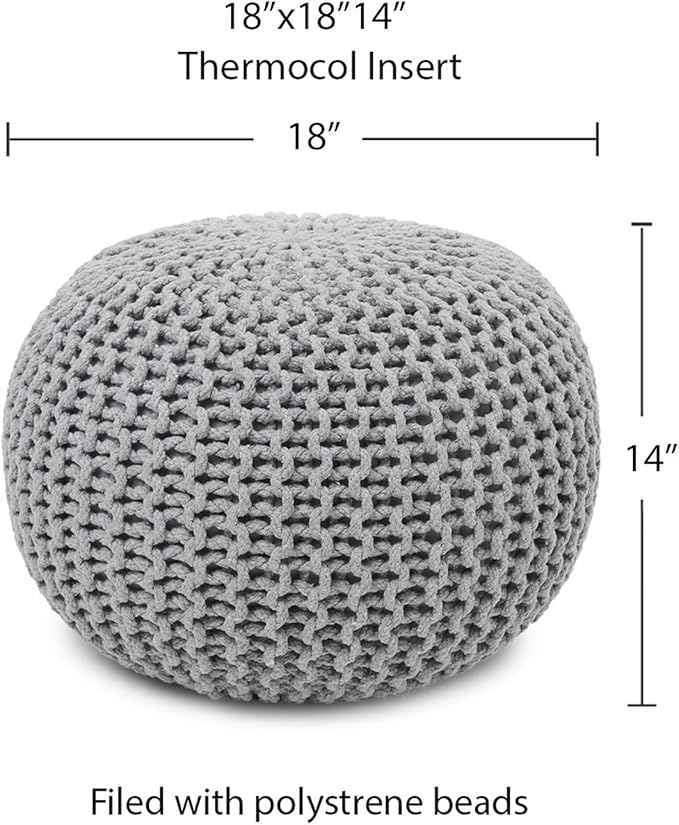 REDEARTH Round Boho Pouf Ottoman - Cable Knitted Cord Boho Pouffe - Stuffed Poof Accent Beanbag Footrest for Living Room - Nursery - Bedroom - Covered Patio - Study Nook (18”x18”x14”) - Gray-S-Ruum Studio Home