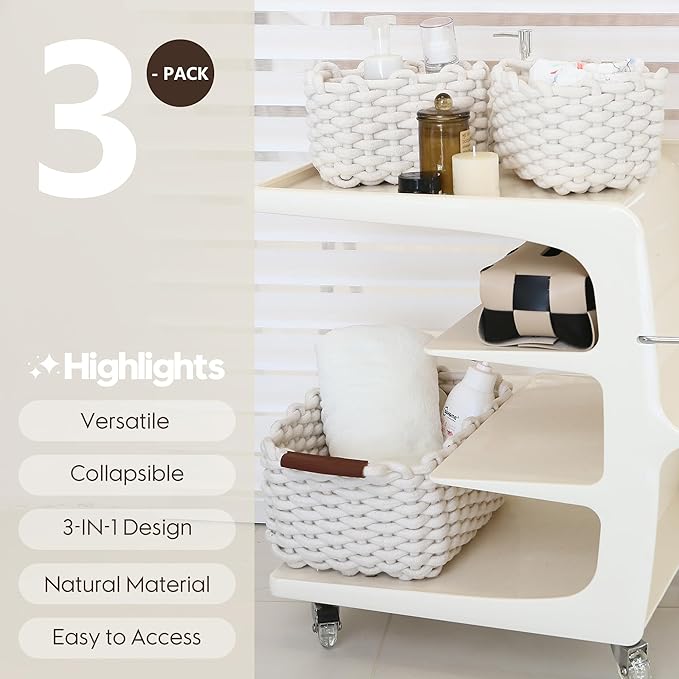 Sea Team 3-Pack Rectangle Woven Cotton Rope Storage Baskets with Handles, Shelf Basket, Closet Organizers, 3-in-1, White-Ruum Studio Home
