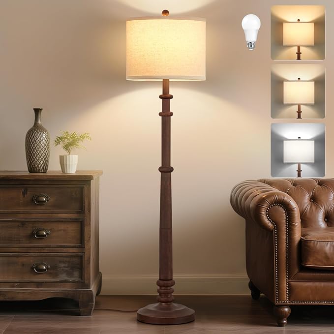 Floor Lamps for Living Room - 60" Resin Farmhouse Floor Lamp with 3 Color Temperatures - Vintage Standing Lamp Reading Light with Linen Shade Tall Lamp for Bedroom Office, Reddish Brown-Ruum Studio Home