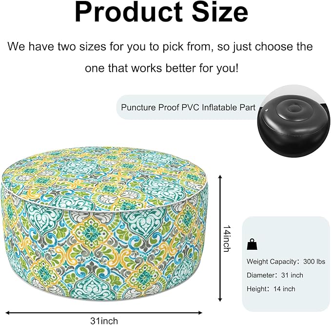 Inflatable Ottoman Stool D31 xH14 for Outdoor/Indoor Use, Water Repellent Patio Foot Rest Stool with Portable Handle,Round Pouf Ottoman Suitable for Garden,Deck and Camping - Damask Green-Ruum Studio Home