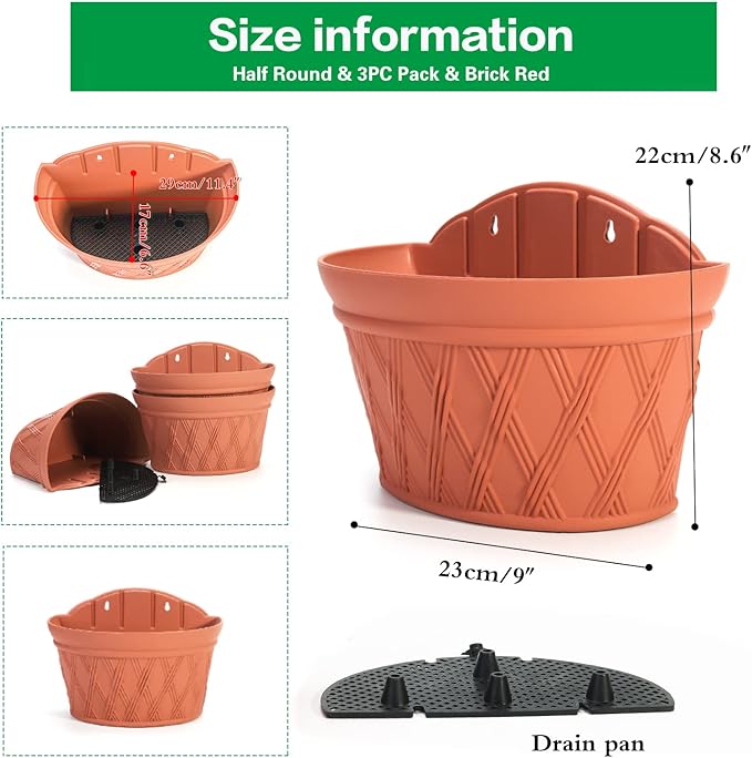 Sungmor Wall Hanging Planters,11.5 Inch Hanging Flower Pots for Railing Fence - Indoor Outdoor Balcony Wall Hanging Basket, Plastic Plant Pot Container - Half Round & 3PC Pack & Brick Red-Ruum Studio Home