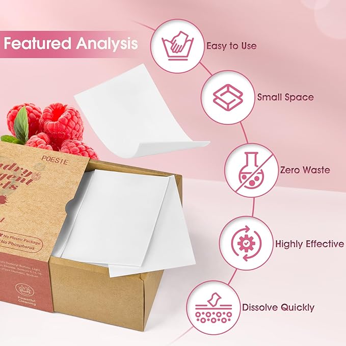 Poesie Laundry Detergent Sheet Berry Burst Scent 160 Sheets No Plastic Jugs No Messy Liquid Powder Camping Travel RV Trip Laundry Cleaning Sheet for Hand Wash Machine Wash-Ruum Studio Home