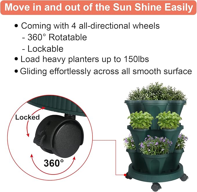 Vertical Planter 3 Tier Stackable Planters Garden Planters Strawberry Herb Flower and Vegetable Planter Indoor Outdoor Gardening Pots with Removable Wheels and Tools-Ruum Studio Home
