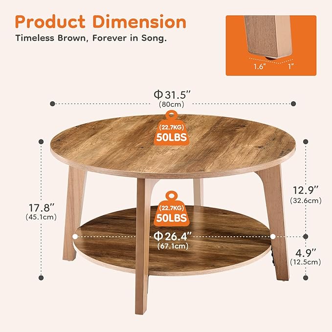 Sweetcrispy Round Coffee Table, 36'' Wood Coffee Tables for Living Room with Storage, 2-Tier Center Circle Counter with Wooded Desktop, 50 lbs Capacity, Anti-Slip Feet, Modern Farmhouse Design, Brown-Ruum Studio Home