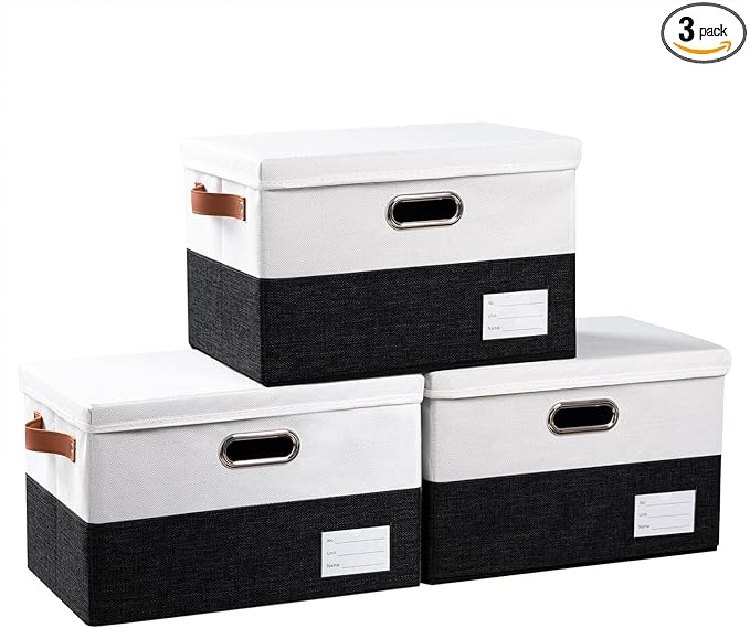 PRANDOM Foldable Storage Bins with Lids [3-Pack] Fabric Collapsible Storage Boxes Baskets Cubes Containers with Handles for Closet Living Room Bedroom (Black & White 14.9x9.8x9.8'')-Ruum Studio Home