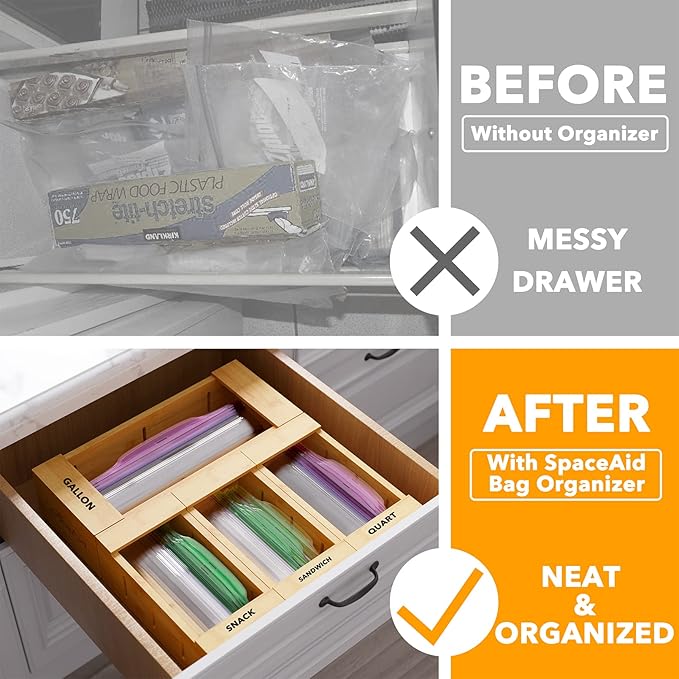 SpaceAid Bag Storage Organizer for Kitchen Drawer, Bamboo Organizer, Compatible with Gallon, Quart, Sandwich and Snack Variety Size Bag (4 Pack), 2.5" High-Ruum Studio Home