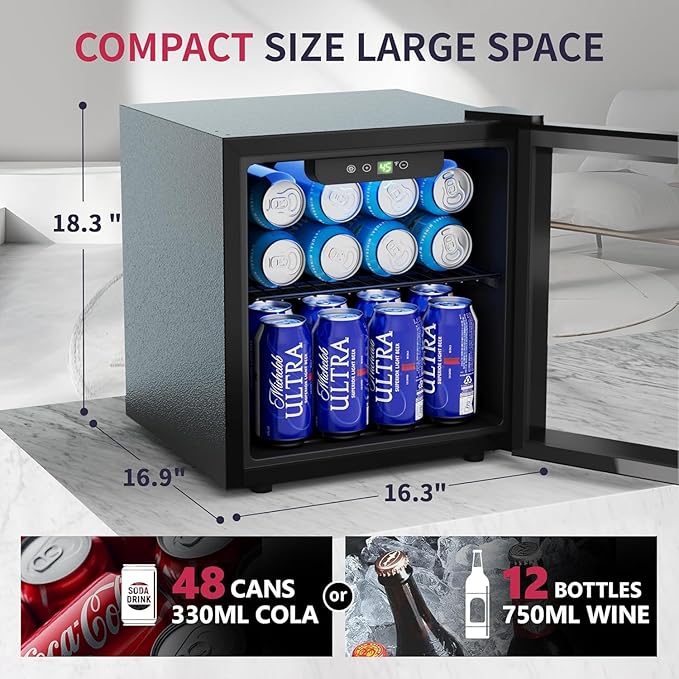 48 Can Beverage Refrigerator Cooler, Mini Fridge Glass Door with Adjustable Shelves, Freestanding Beverage Fridge with Blue LED for Home/Office/Dorm/Bar, 1.3 Cu.ft-Ruum Studio Home