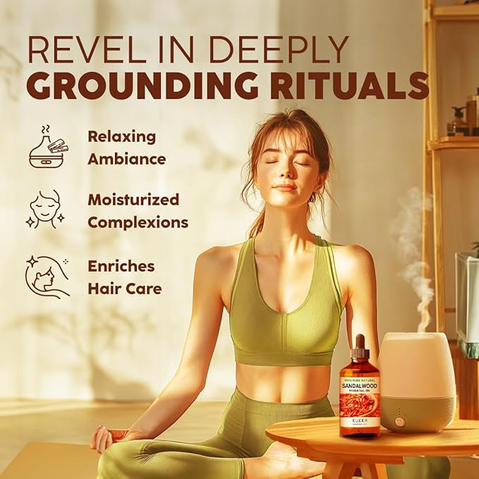 Kukka Sandalwood Essential Oil for Diffuser & Skin - 4 Fl Oz - 100% Pure Natural Sandalwood Oil, Woody Scent, for Massage, Perfume, Hair, Aromatherapy, Candle & Soap Making Scent DIY-Ruum Studio Home