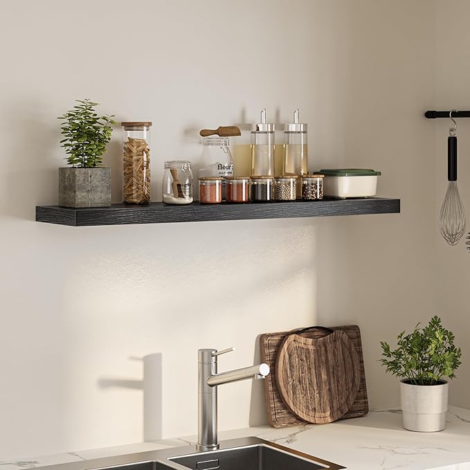 Floating Shelves for Wall, 48" W x 9.3" D x 1.5" H, Wooden Wall Mounted Display Shelves with Invisible Brackets for Living Room, Bedroom, Bathroom, Kitchen Decor and Storage, Set of 1, Black-Ruum Studio Home