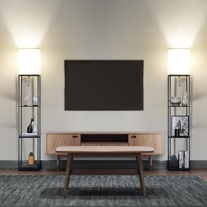 SUNMORY Floor Lamp with Shelves, Modern Square Standing Lamp with 3 Color Temperature Bulb, Corner Display Bookshelf Lamp for Living Room and Bedroom(Black)-Ruum Studio Home