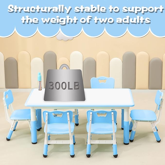 Children's Table and Chair Set Suitable for Boys and Girls Age 2-12 Height Adjustable Table top Can be Painted with 6 Seats Suitable for Family Learning Daily use (Sky blueBlue)-Ruum Studio Home