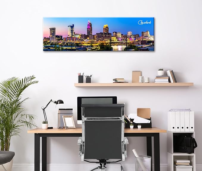 Cleveland Skyline Wall Art Colorful Canvas Prints Night View Ohio USA Cityscape Panoramic City Building Painting for Bedroom Office Decor Framed and Ready to Hang 13.8"x45.3"-Ruum Studio Home