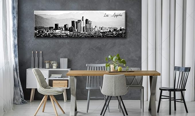 DJSYLIFE Los Angeles Skyline Wall Art Black and White USA Panoramic Cityscape Picture Canvas Prints Artwork for Bedroom Men Room Office Decoration Painting Ready to Hang 13.8"x47.3"-Ruum Studio Home