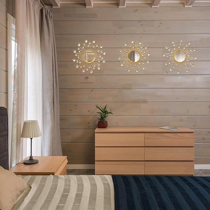 Mirror Wall Decor Wall Mirrors Decorative Sunburst Boho Mirror Gold Mirror Wall Art Metal Decor Mirror Hanging Living Room Bedroom Bathroom Set of 3-Ruum Studio Home