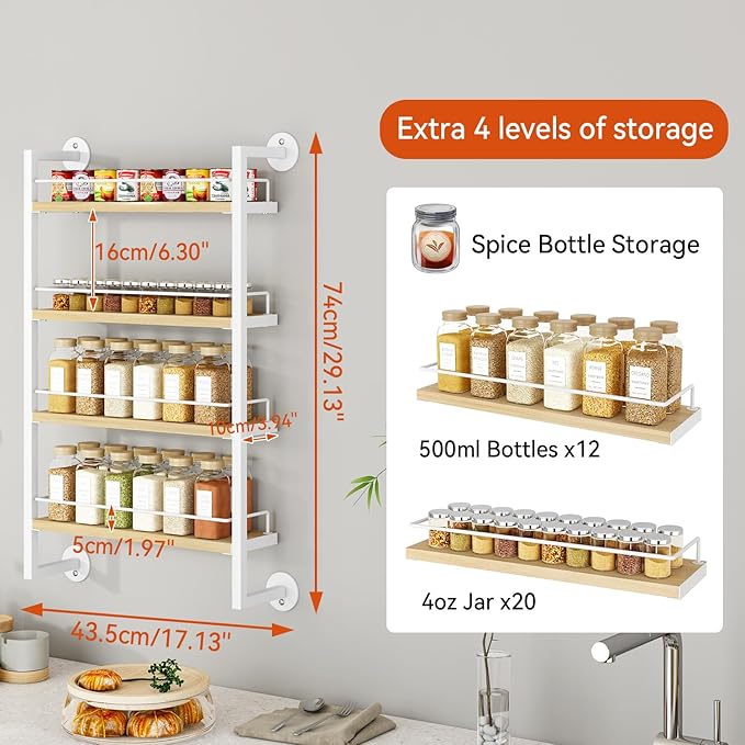 IBUYKE Spice Rack Wall Mount,4 Tier Hanging Seasoning Organizer,Spice Rack for Wall for up to 50 Jars,Spice Organization for Kitchen Cabinet,Living Room,Bathroom,Pantry,Natural TLJ016R-Ruum Studio Home