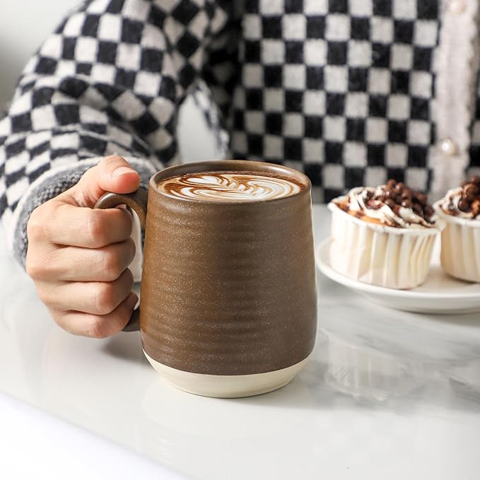 Hasense Porcelain Coffee Mugs Set of 6, 15 Ounce Large Ceramic Coffee Cups Set with Handle for Latte, Tea, Cocoa and Hot Chocolate, Brown Coffee Mugs for Men and Women, Microwave Safe-Ruum Studio Home