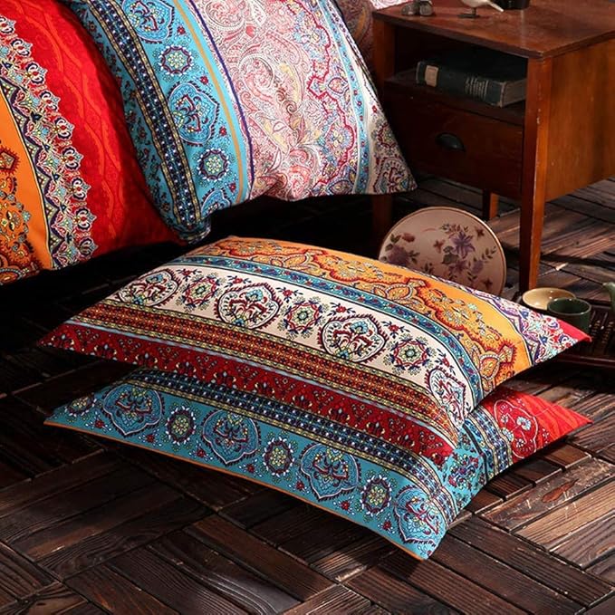 ABREEZE 3Pcs Bohemia Retro Bedding Ethnic Vintage Floral Duvet Cover Boho Bedding 100% Brushed Cotton Bedding Sets Damask Paisley Coloful Mandala Down Comforter Cover,Twin-Ruum Studio Home