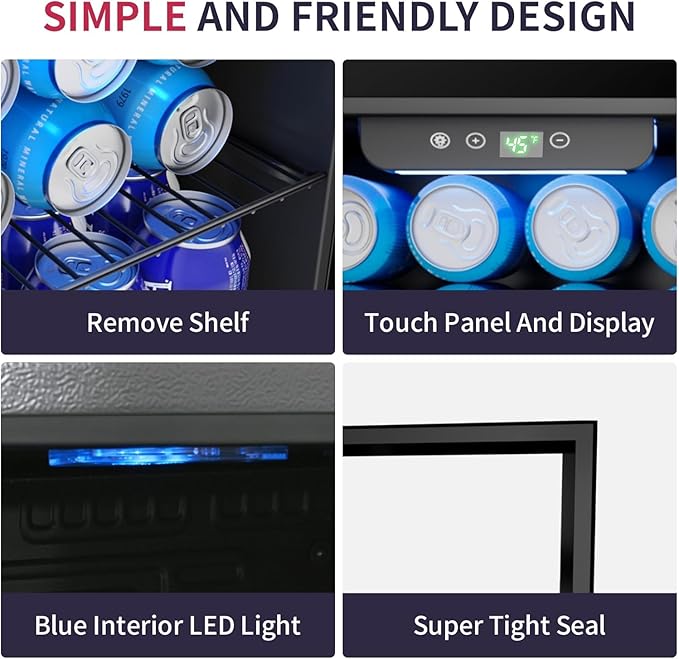 48 Can Beverage Refrigerator Cooler, Mini Fridge Glass Door with Adjustable Shelves, Freestanding Beverage Fridge with Blue LED for Home/Office/Dorm/Bar, 1.3 Cu.ft-Ruum Studio Home