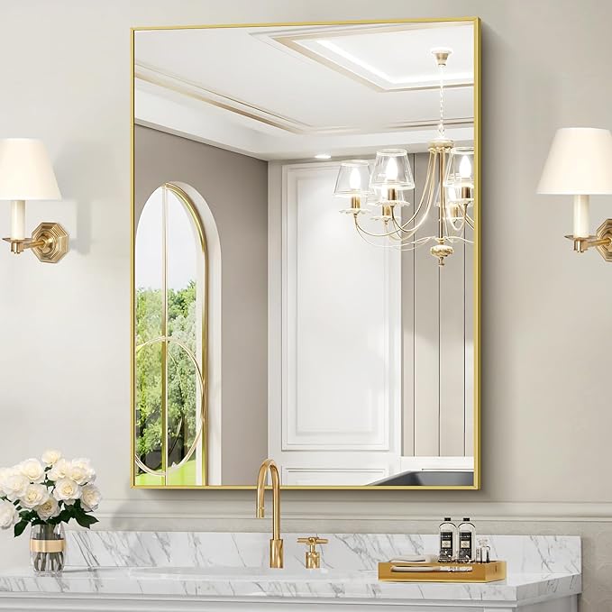30x40In Gold Bathroom Mirror for Wall, Brushed Gold Rectangle Mirrors with Metal Frame, Bathroom Rectangular Mirror Modern Wall Mirror for Bedroom Living Room, Hangs Horizontal or Vertical-Ruum Studio Home