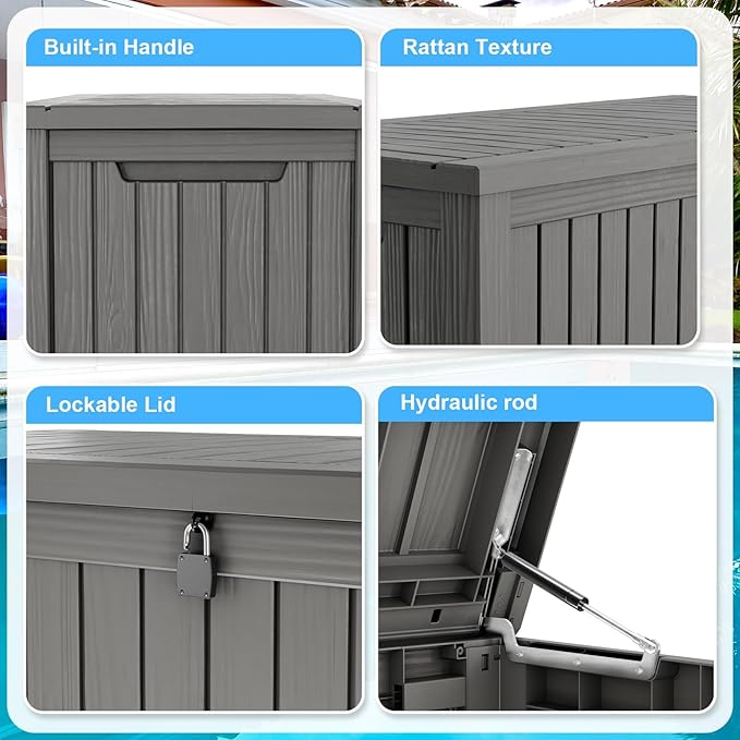 200 Gallon Lockable Resin Deck Box, Waterproof & UV-Resistant Outdoor Storage Box for Outdoor Cushion Storage, Garden Tools & Pool Accessories Storage, Gray-Ruum Studio Home