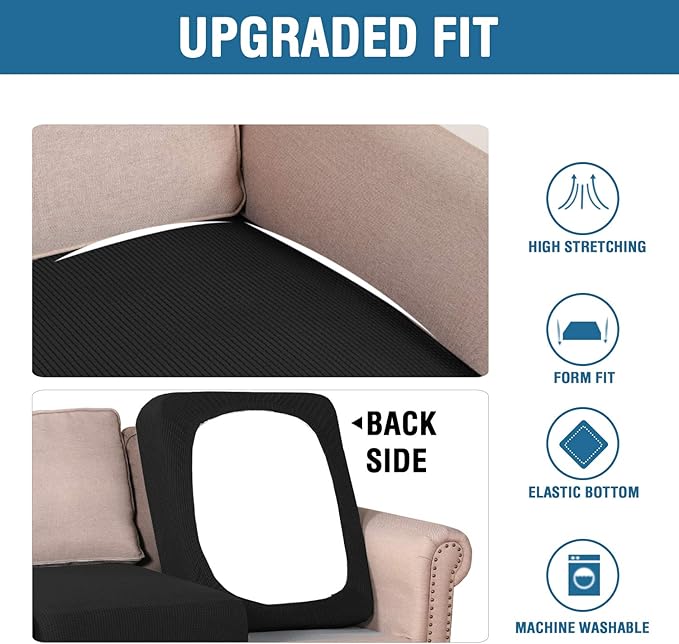 H.VERSAILTEX Super Stretch Individual Seat Cushion Covers Sofa Couch Slipcover Sets Thick Jacquard Textured Twill Fabric (3 Piece Covers, Black)-Ruum Studio Home